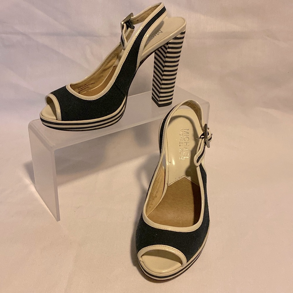 Michael Kors striped heel Sofia sling back peep toe sandal. 4" heel blue & cream